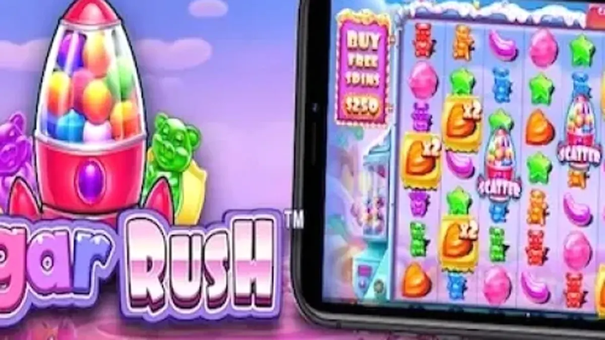 Sugar Rush slot game grid na puno ng makukulay na kendi