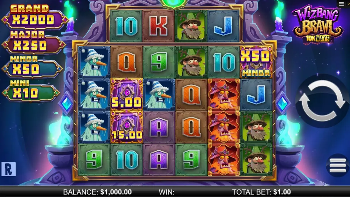 Wizbang Brawl 10K Ways slot game interface na may mga wizard at magical symbols